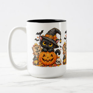 Taza Bicolor Gato brujo negro lindo en calabaza Halloween truco