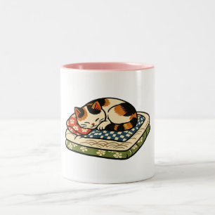 Taza Bicolor Gato Calico Dormido en C Lásico Japonés