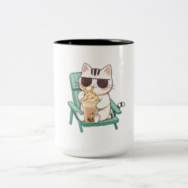 Taza Bicolor Gato Chibi Kawaii con Gafas de Sol Bebiendo Frappè