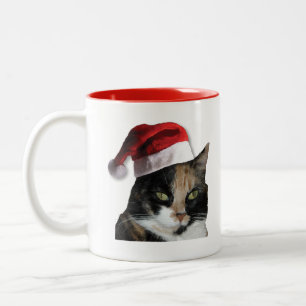 Taza Bicolor Gato de Calico con sombrero Santa
