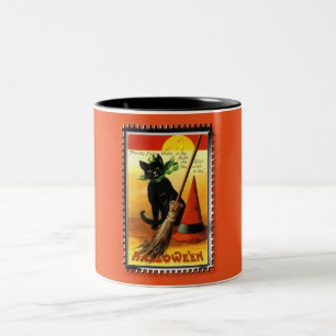 Taza Bicolor Gato de Halloween sentado con sombrero de brujas