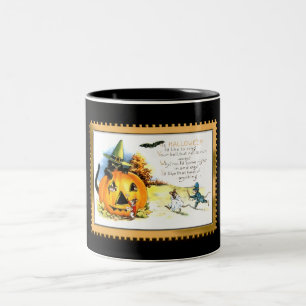 Taza Bicolor Gato de Halloween sentado en Jack O Lantern