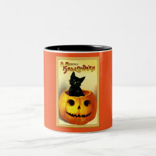 Taza Bicolor Gato de Halloween sentado en Jack O Lantern