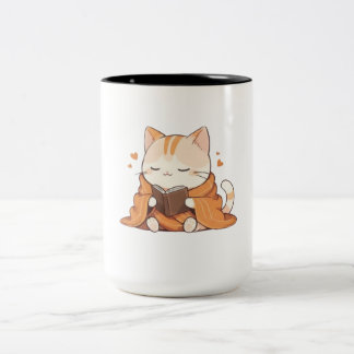 Taza Bicolor Gato de lectura acogedor diseño Kawaii de gatito a