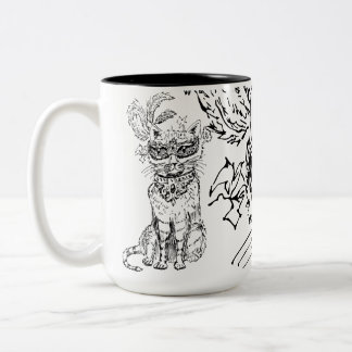 Taza Bicolor Gato de máscara de Halloween arte de línea negra