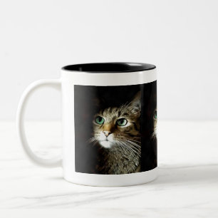 Taza Bicolor Gato De Tabby Con Ojos Verdes Aislados En Negro