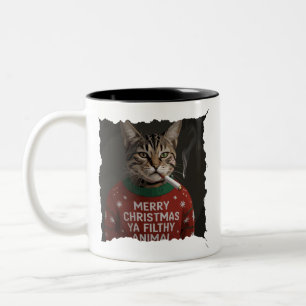 Taza Bicolor Gato divertido fumando en Navidad, meme sarcástico
