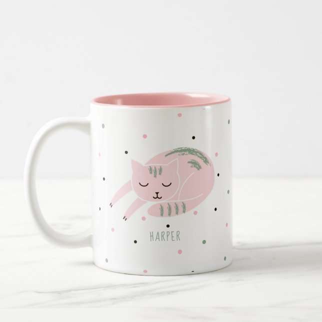 Taza Bicolor Gato durmiente rosa personalizado (Izquierda)