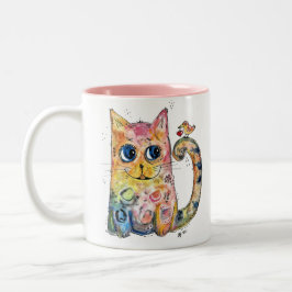 Taza Bicolor Gato Feliz Caprichoso y Lindo con Pájaro