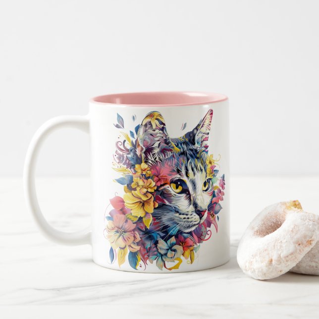 Taza Bicolor Gato floral (Con donut)