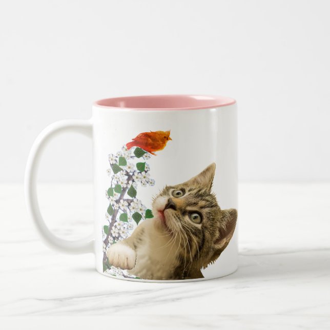 Taza Bicolor Gato, Flores y Pájaro De Tabby (Izquierda)