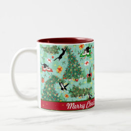 Taza Bicolor Gato gracioso y el árbol de Navidad personalizado