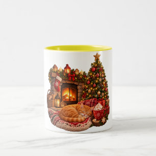 Taza Bicolor Gato Jengibre Durmiendo junto a Chimenea Clipart d
