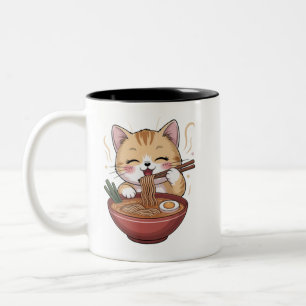 Taza Bicolor Gato Kawaii Comiendo Ramen