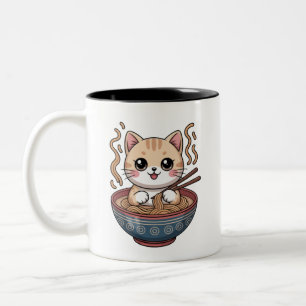 Taza Bicolor Gato Kawaii Comiendo Ramen Diseño Adorable
