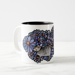Taza Bicolor Gato Kitty Púrpura Daisies Gris Gato Gris Gris Gri
