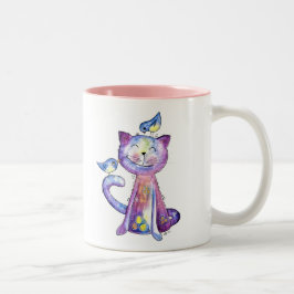 Taza Bicolor Gato malva chiflado con pájaros