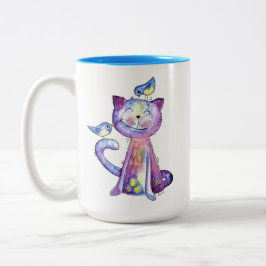 Taza Bicolor Gato malva chiflado con pájaros