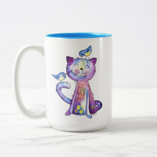 Taza Bicolor Gato malva chiflado con pájaros