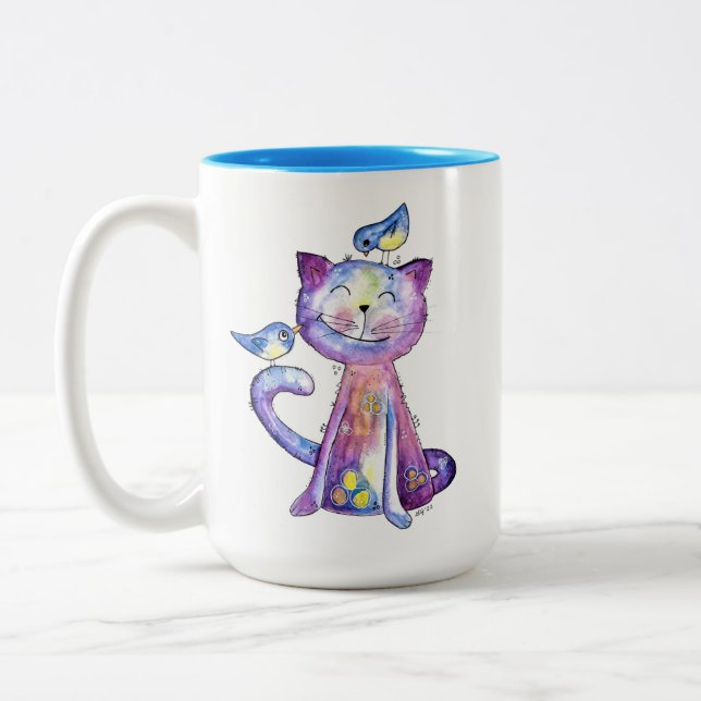 Taza Bicolor Gato malva chiflado con pájaros (Izquierda)