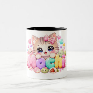 Taza Bicolor Gato Mochi Kawaii Lindo Nombre Rosa Pastel Brillan