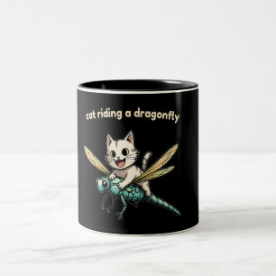 Taza Bicolor Gato montando libélula Arte Regalo para Amantes de