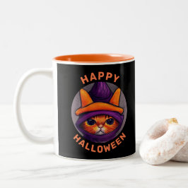 Taza Bicolor Gato naranja con Gorra de bruja morada Halloween