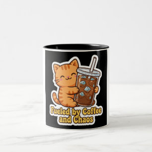 Taza Bicolor Gato Naranja Lindo Alimentado por Café y Caos