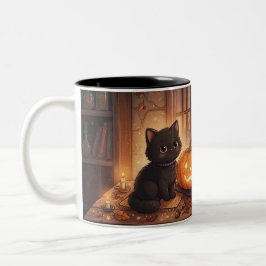 Taza Bicolor Gato Negro Adorable y Calabaza de Halloween