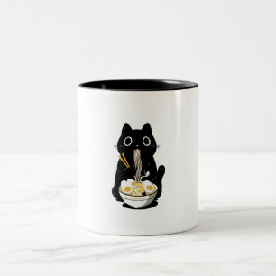 Taza Bicolor Gato Negro Comiendo Ramen