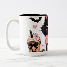 Gato negro coqueto de Halloween con lazos rosas
