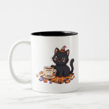 Gato negro de Halloween espeluznante y cafeinado