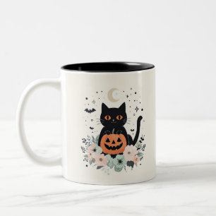 Taza Bicolor Gato negro de Halloween, luna y calabaza