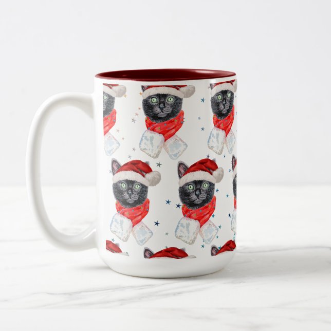 Taza Bicolor Gato negro de Navidad con bufanda roja (Izquierda)