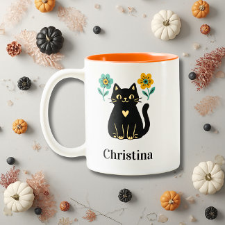 Taza Bicolor Gato Negro Floral Halloween