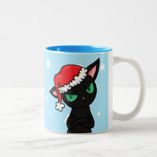 Taza Bicolor Gato negro gruñón que lleva el gorra de Santa