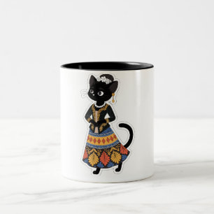 Taza Bicolor Gato negro javanés estético en Kebaya tradicional