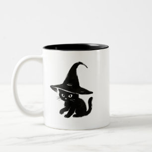 Taza Bicolor Gato negro minimalista con diseño de sombrero de b