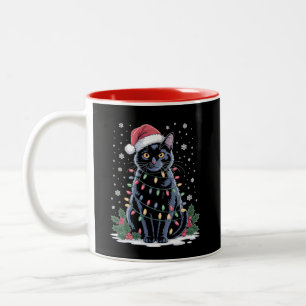 Taza Bicolor Gato Negro Navidad Sombrero de Santa Divertido Gat