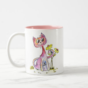 Taza Bicolor Gato rosa delicioso lindo con flores amarillas