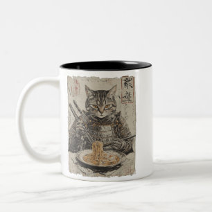 Taza Bicolor Gato Samurái Ama Ramen Divertido Arte Japonés Anim