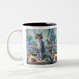 Taza Bicolor gato sobre la mesa
