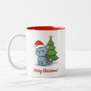 Taza Bicolor Gato Tabby Gris Gruñón Sombrero Rojo Árbol de Navi