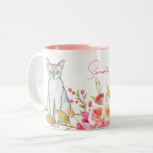 Gato y flores rosa y blanco personalizados