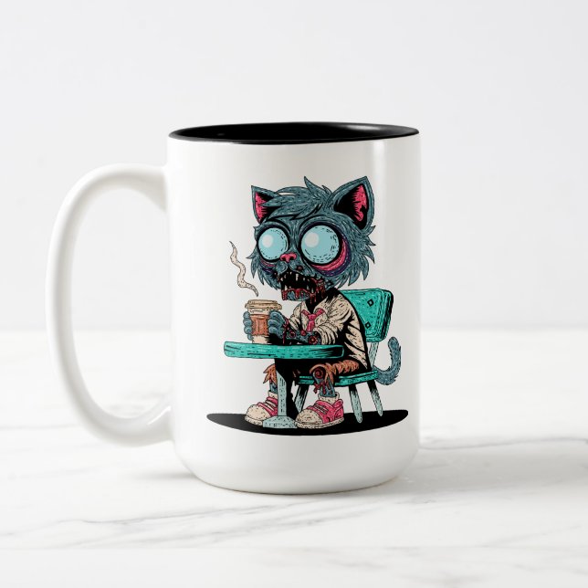 Taza Bicolor Gato Zombie con amor al café (Izquierda)