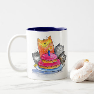 Taza Bicolor Gatos caprichosos con pastel de cumpleaños