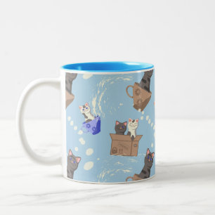 Taza Bicolor Gatos en caja y gotas de leche en azul
