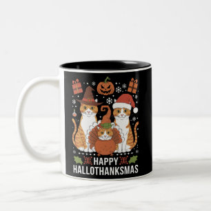 Taza Bicolor Gatos Felices Hallothanksmas Halloween Navidad