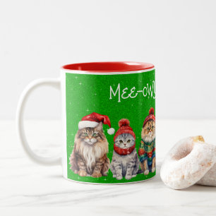 Taza Bicolor Gatos festivos de Navidad Mee-owy en brillo verde