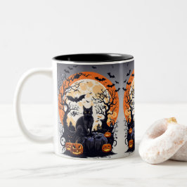 Taza Bicolor Gatos negros y un Halloween místico lunar nocturno